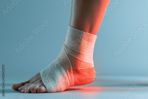 Ankle Wrapped in a Bandage Due to Pain – Lower Leg Injury and Healthcare Concept