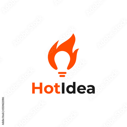 A modern minimalist logo design featuring a lightbulb combined with flame elements and the typography Hot Idea. Ideal for creative agencies, startup branding, technology consulting, and marketing camp
