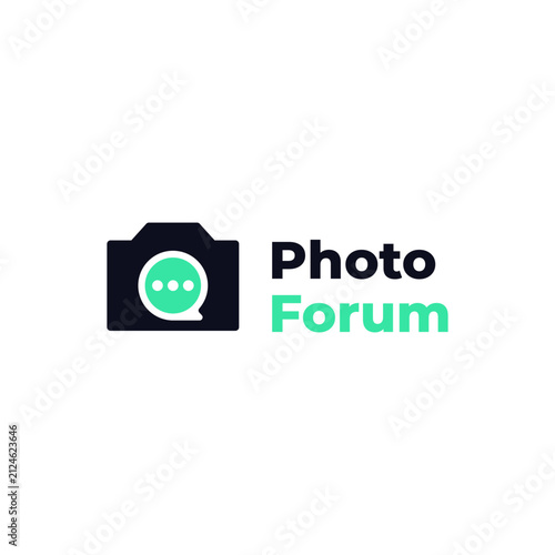 A modern minimalist logo combining a camera silhouette with a speech bubble icon and typography reading Photo Forum. Ideal for online photography communities, discussion forums, social media platforms