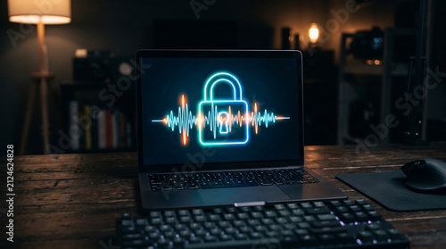 Laptop computer screen displaying neon glowing padlock and audio sound waveform showing voice biometric security and cyber data protection concept