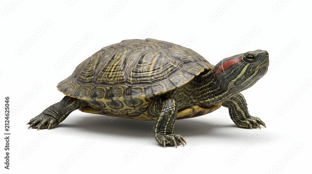 Obraz premium Red-eared slider turtle isolated on white background. Fresh-water turtle with patterned shell and red stripe on head, ideal for aquatic pet concept.