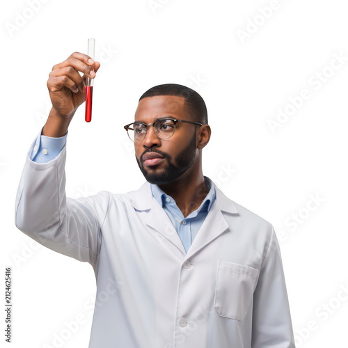 Black scientist holding a red test tube in a laboratory isolated on transparent background