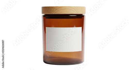 Amber glass candle jar with a cork lid and blank label isolated on transparent background