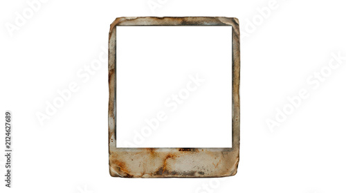 Vintage polaroid frame, distressed instant photo border, aged paper texture with grunge stains, retro photography element for creative design projects isolated on Transparent Background