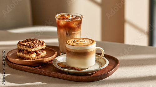 Creamy latte with iced americano and tiramisu in luxury Korean cafe scene showcasing premium coffeehouse advertising and elegant morning mood