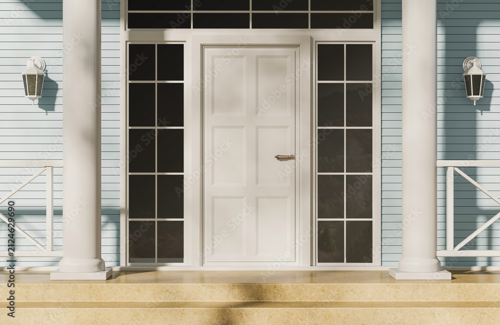 Fototapeta premium Classical house entrance with paneled door, columns, sidelights and lamps in realistic 3D Rendering on blue siding, expressing welcome and elegance