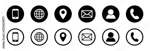 Set of minimalist contact communication icons featuring smartphone globe location pin email profile and telephone symbols.