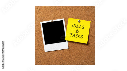 Cork board with Ideas and Tasks note, blank instant photo frame for planning, office organization concept, sticky memo on textured bulletin board isolated on Transparent Background