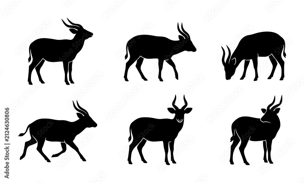 Obraz premium African Antelope Silhouettes, Wildlife Vector Icons, Safari Animal Poses, Grazing and Standing