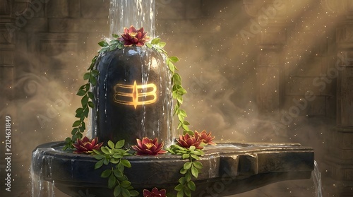Ancient Shiva Lingam in temple with Floral Offerings, made by Ai