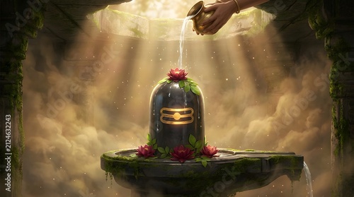 Ancient Shiva Lingam in temple with Floral Offerings, made by Ai