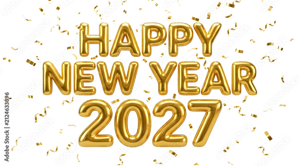 Fototapeta premium Happy new year 2027 gold balloon sign isolated on transparent background.