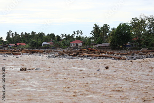 Foto Severe damage caused by flash floods in Padang City, which swept down large logs from the hills and destroyed everything in their path