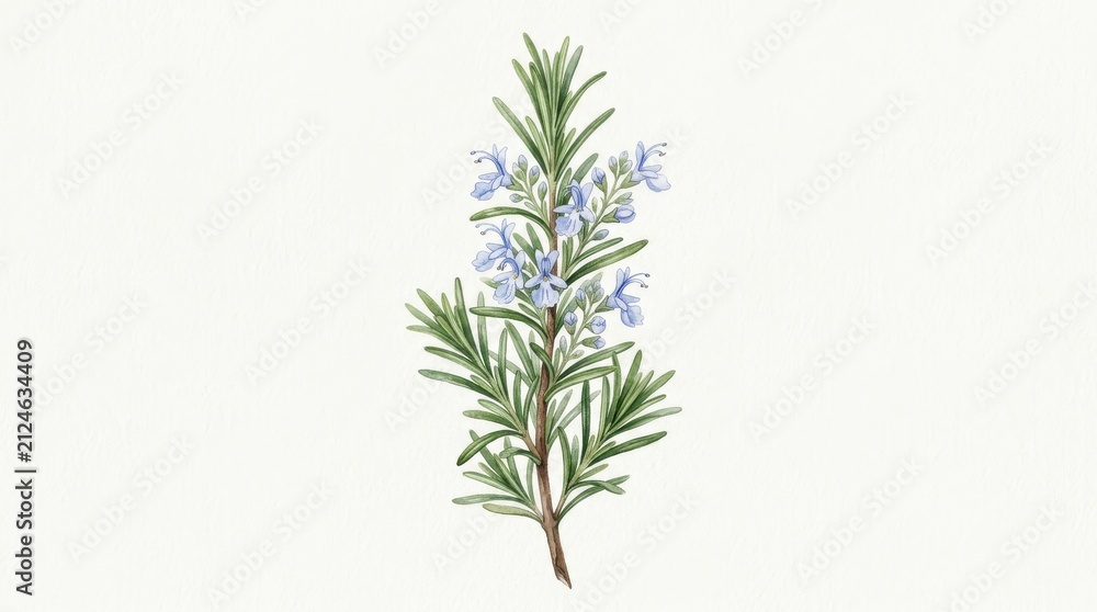 Fototapeta premium Watercolor Rosemary Sprig Botanical Illustration Featuring Fragrant Green Herb Leaves and Delicate Blue Flowers Isolated on Clean White Background