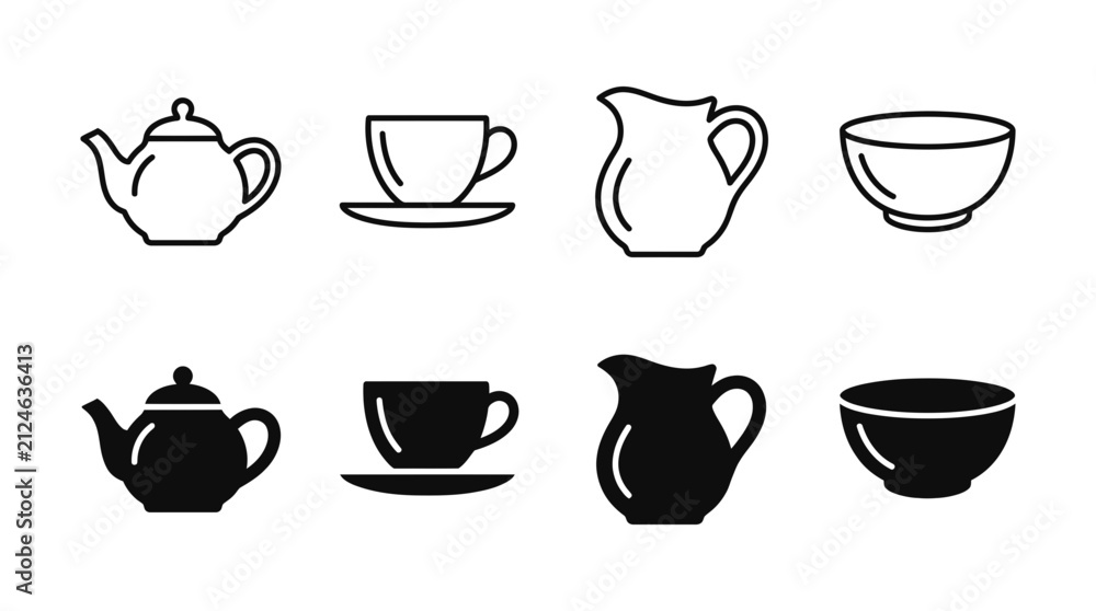 Fototapeta premium Set of kitchenware and beverage icons in outline and solid styles with kitchenware beverage tableware container