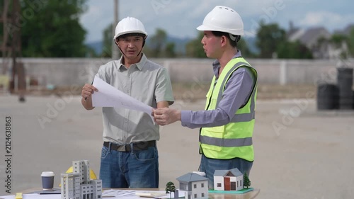 Architect and Civil Engineer Discussing Building Plans with Architectural Models and Blueprint on Worktable