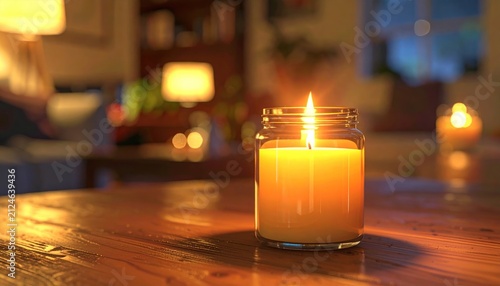 Warm lit candle on wooden table.