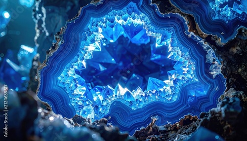 Vibrant Blue Agate Geode Crystal Formation.