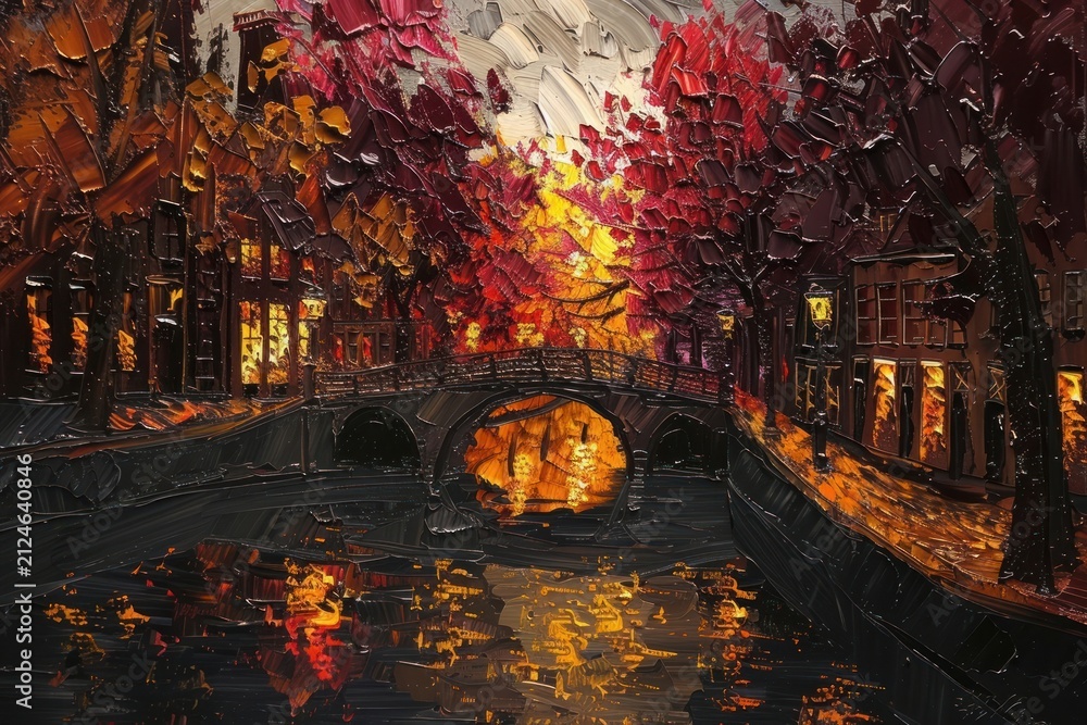 Obraz premium Impressionist night street reflection art fireplace outdoors.