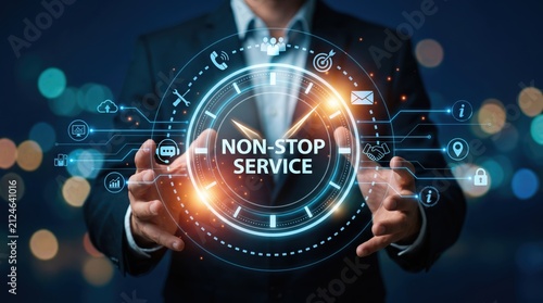 Non-stop service with businessman holding virtual clock interface, twenty-four seven support, customer care, helpdesk, availability, time management, global connectivity