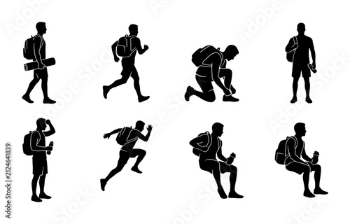 Backpacker Silhouettes, Outdoor Adventure Poses, Hiking and Running Vector Icons