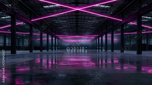 Empty warehouse interior with magenta neon ceiling beams