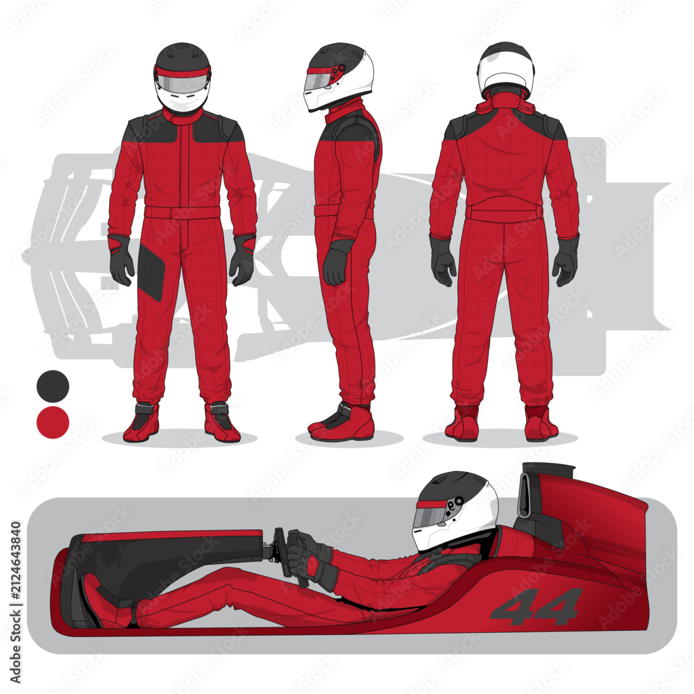Naklejka premium Race Car Driver in Red Suit Front, Side, and Back Views Illustration Set