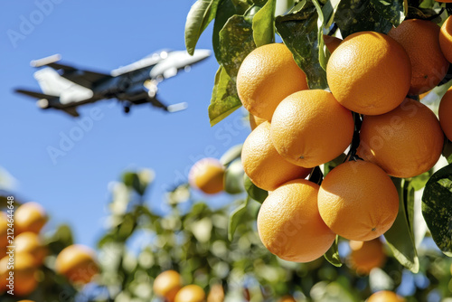 Oranges hanging on tree with fighter jet flying in background, showcasing contrast between nature and technology