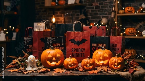 Halloween shopping bags with pumpkins and ghost decor