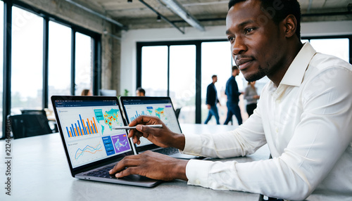 Black businessman analyzing data analytics dashboard on laptop in modern office. Professional data analyst pointing at charts on screen during corporate meeting. 