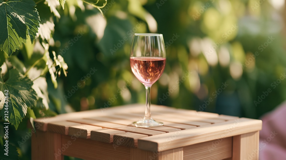 Naklejka premium Elegant glass of chilled rosé wine resting on a rustic wooden table amidst lush green vineyard foliage