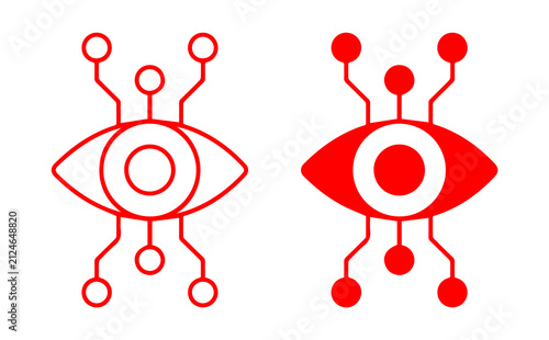 abstract eye tech icon with circuit connection nodes in outline and solid style representing digital vision security system isolated png design.