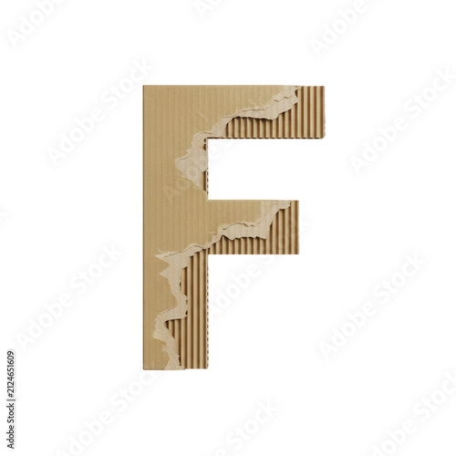Letter f made of textured brown cardboard paper with a layered torn edge effect