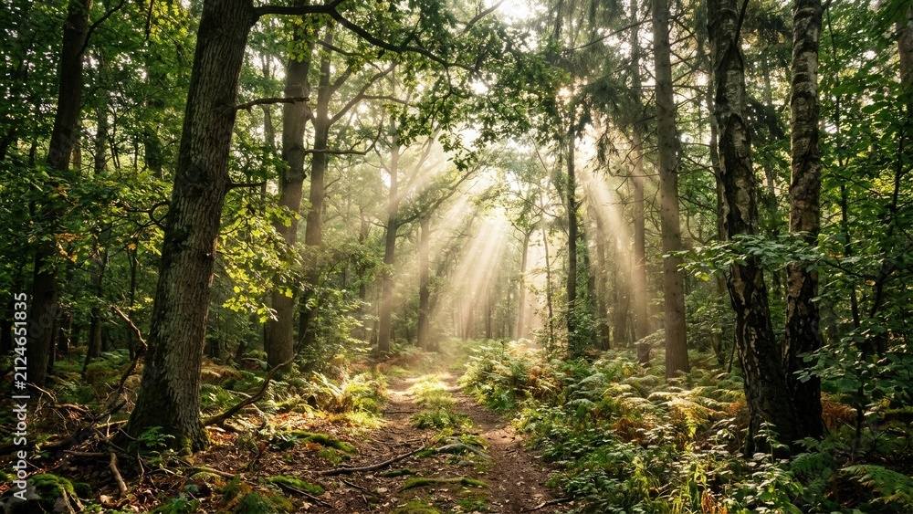 Fototapeta premium Majestic sun rays filtering through green trees in a dense forest during a peaceful morning in nature