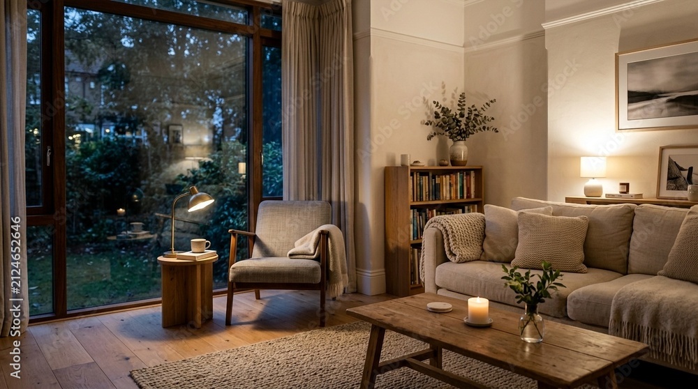 Fototapeta premium Cozy living room with armchair, sofa, coffee table and large window at dusk