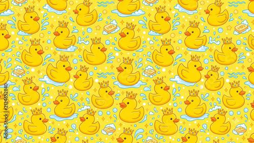 Seamless pattern with cute yellow rubber ducks wearing crowns.
