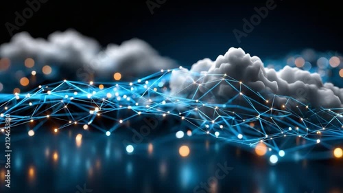 Digital Cloud Network: A surreal visualization of cloud computing, with a luminous network of interconnected nodes and lines spanning across soft, atmospheric clouds, reflecting on a dark.