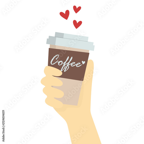 Hand holds coffee cup with love hearts above