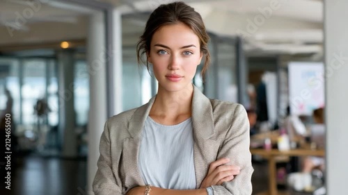 Confident Woman in Office: A young, determined woman with a calm gaze and crossed arms stands in a modern office environment, embodying professionalism and ambition.