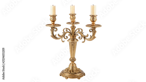 Fotografie Vintage golden brass candelabra with three burning white candles isolated on tra