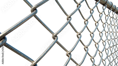 Fotografie Close up of metallic chain link wire mesh fence perimeter isolated on transparen