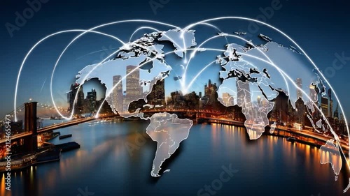 Global Connection: A stylized world map overlays a vibrant cityscape at night, with glowing lines symbolizing international connections and digital networks spanning across continents.