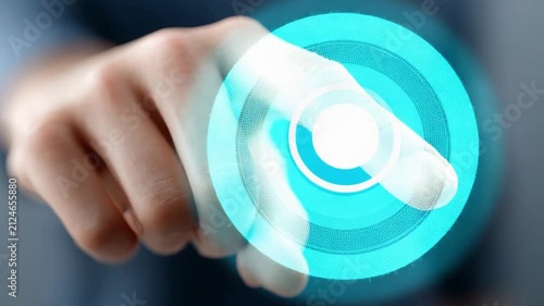 Digital Interface Touch: A close-up shot of a human finger pressing a glowing blue digital interface, symbolizing interaction with advanced technology and future innovation.