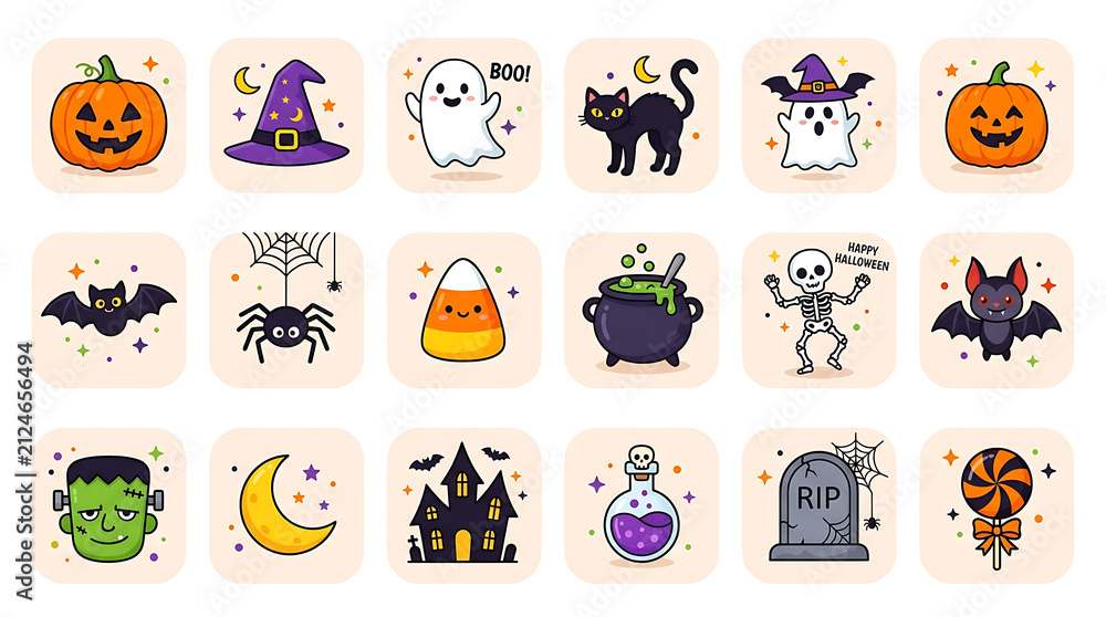 Obraz premium Set of cute halloween holiday icons for party decorations and graphic projects