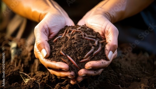 Hands holding soil with earthworms, close-up shot of organic compost.