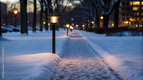 Winter snow-covered urban sidewalk with vintage street lamp. Quiet city street illuminated by warm golden light in cold season.