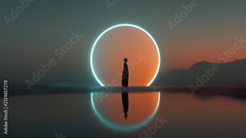 Woman standing before a glowing neon ring. Surreal silhouette in a mystical landscape.