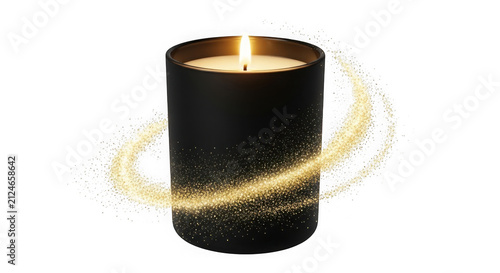 Burning candle in a black ceramic holder with melting wax. Lit flame on dark container for home decor and relaxation ambiance.