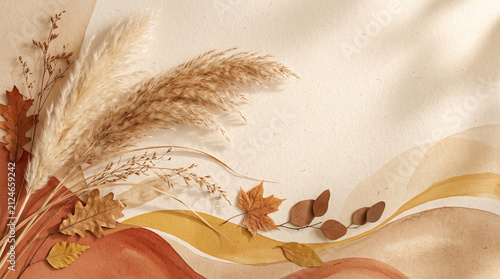 Autumn boho background with dried pampas grass, fall leaves and abstract pastel waves with copy space