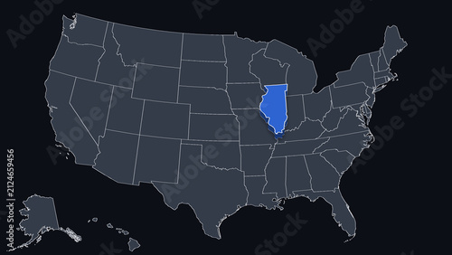 Illinois Raised in 3D on US Election Map Red and Blue Highlight, Black